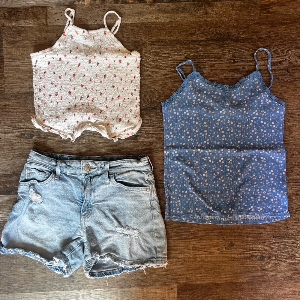 ArtClass lot: Denim Shorts; Floral Ribbed Lace Trim Cami + Smocked Halter